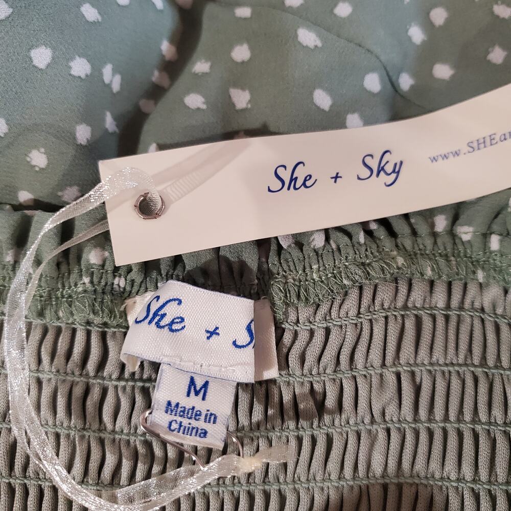 She + Sky NWT Polka Dot Smocked Ruffle Tie Strap Romper M Sage Green Cottage - Picture 5 of 10
